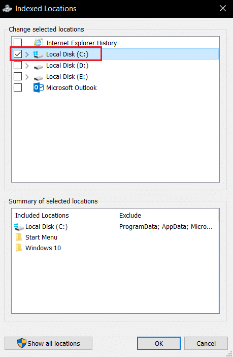 인덱싱 위치에서 로컬 디스크 C 확인