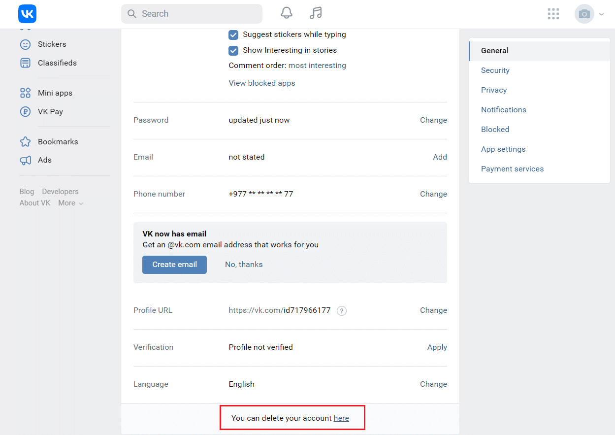 Você pode excluir sua conta aqui no site VKontakte