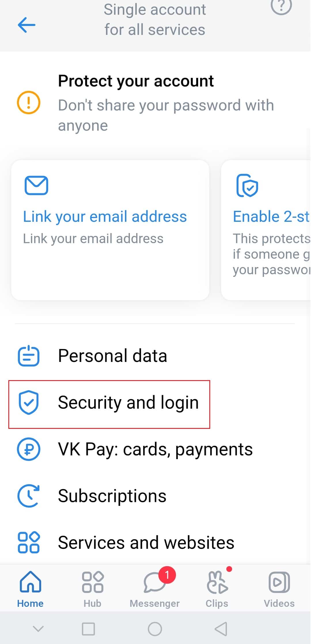 toque em Segurança e faça login em Configurações da conta