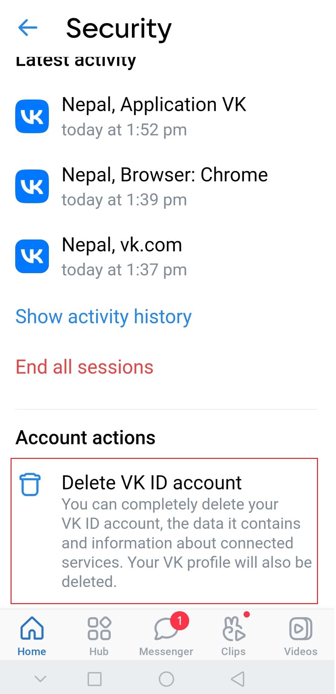 supprimer l'ID de compte VK de l'application Android VKontakte