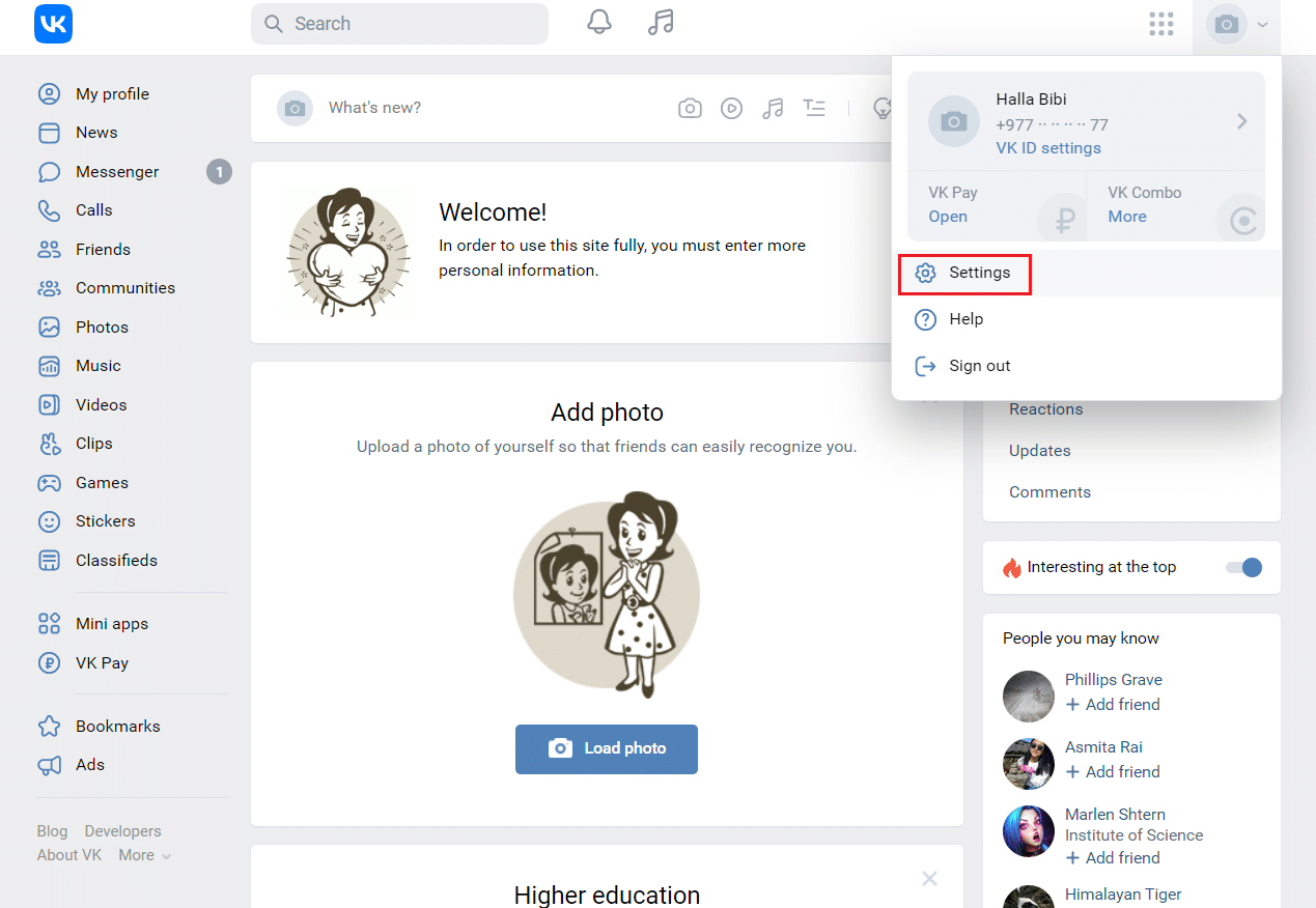 cliquez sur l'option Paramètres sur le site Web de VKontakte