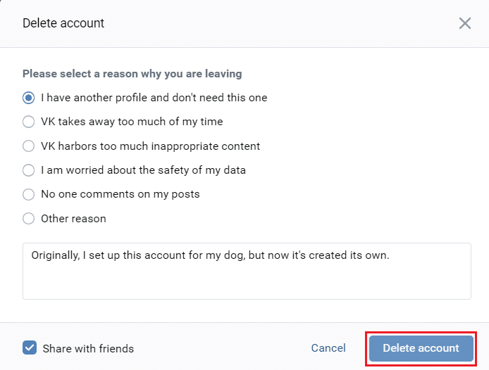 選擇原因並點擊 VKontakte 網站中的刪除帳戶
