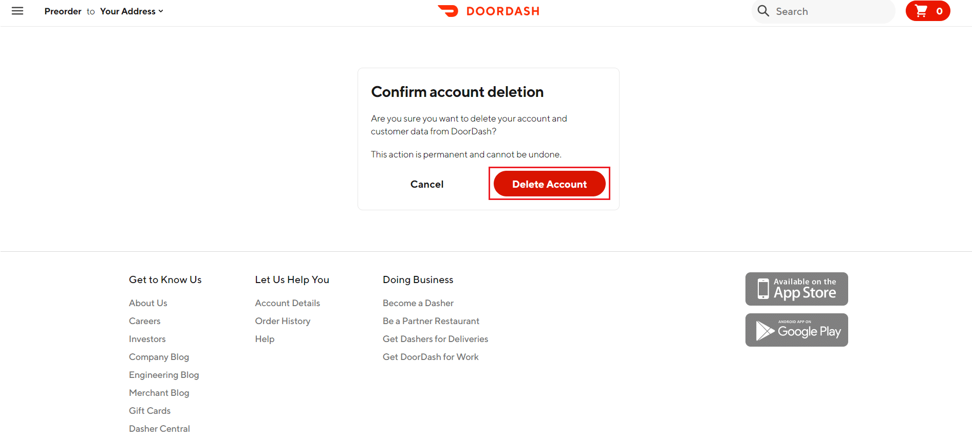 Klicken Sie auf Konto löschen, um das Löschen des Kontos auf der DoorDash-Website zu bestätigen