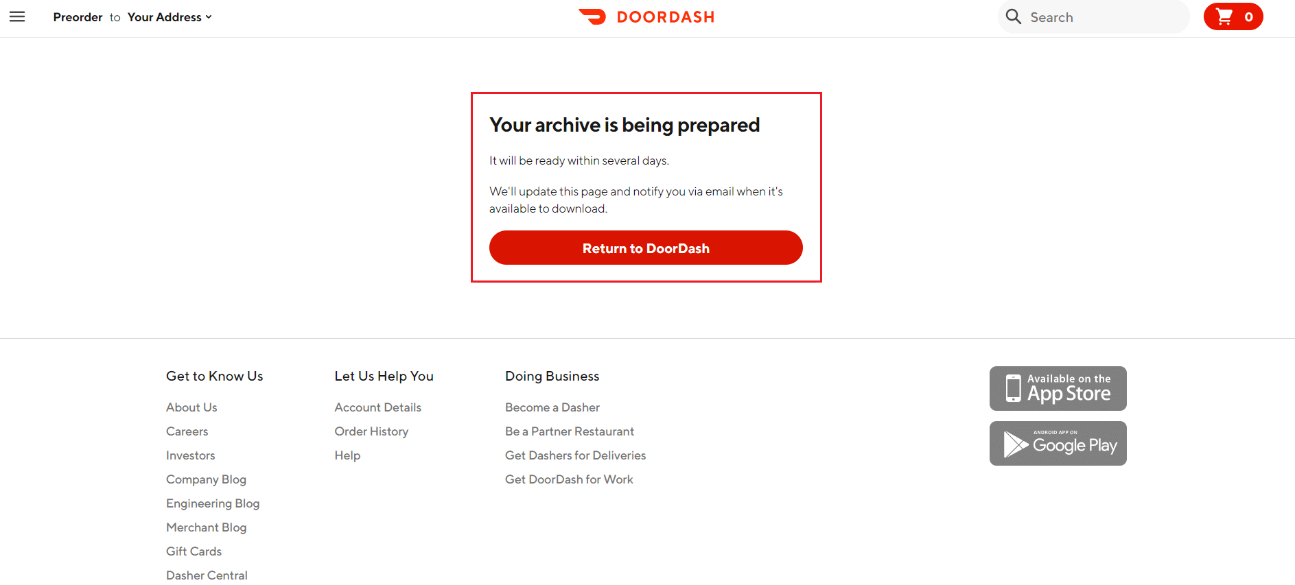 يتم تحضير أرشيفك في موقع DoorDash على الويب