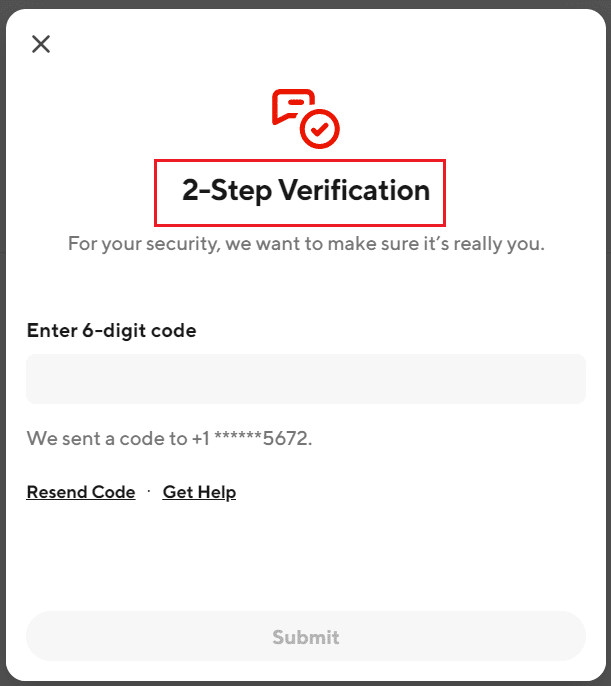 Vérification en 2 étapes sur le site Web DoorDash