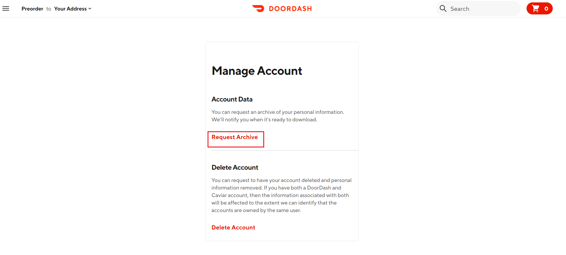 Fordern Sie das Archiv auf der DoorDash-Seite „Konto verwalten“ an