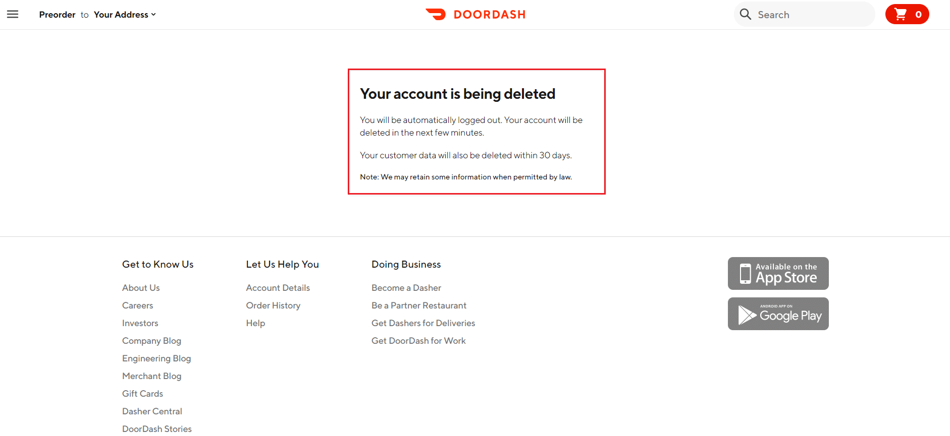 Ihr Konto wurde auf der DoorDash-Website gelöscht