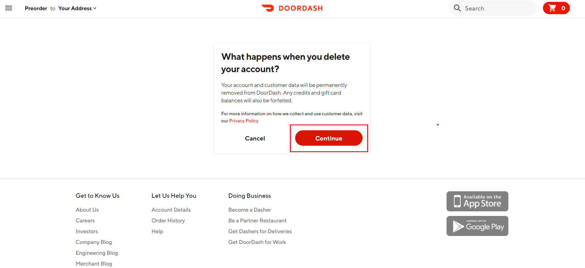 DoorDash 계정 삭제 페이지에서 삭제 옵션 클릭