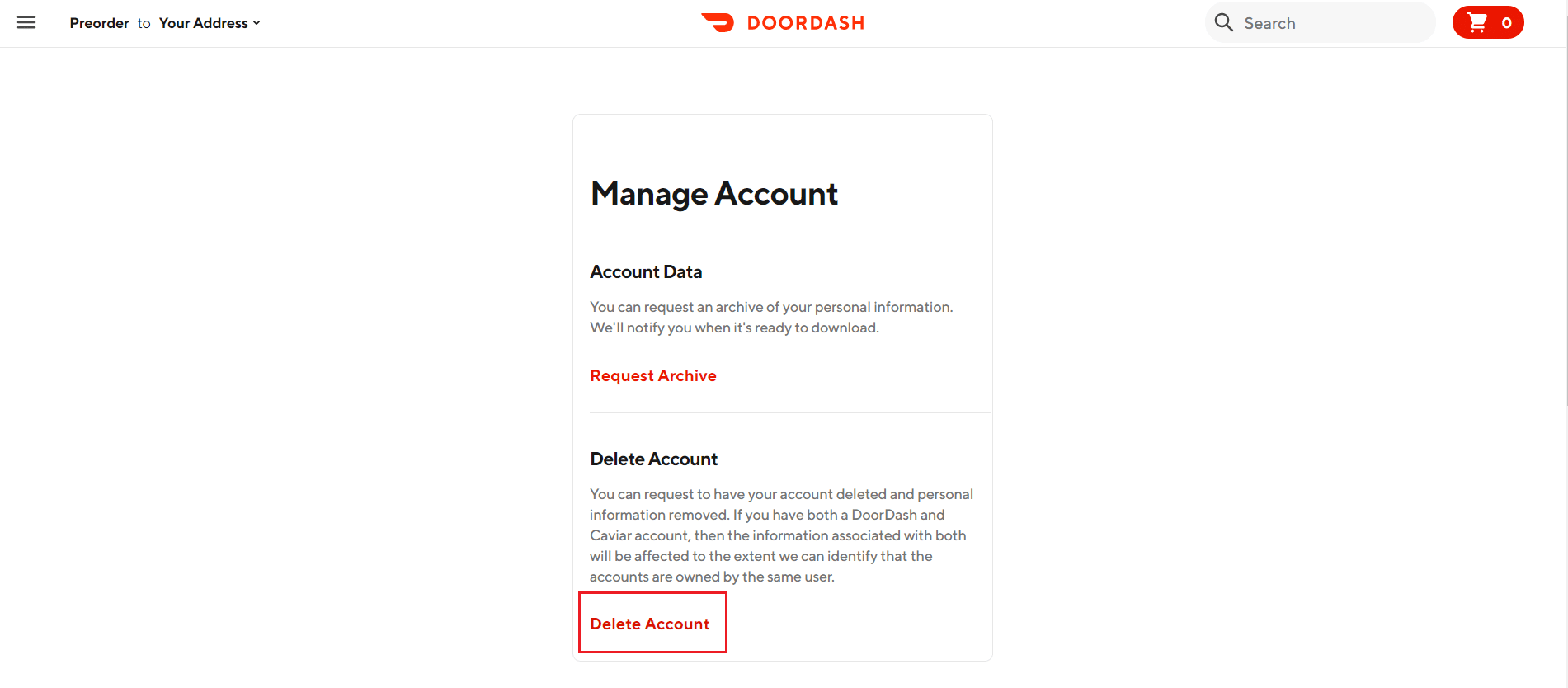 Excluir conta na página Gerenciar conta do DoorDash