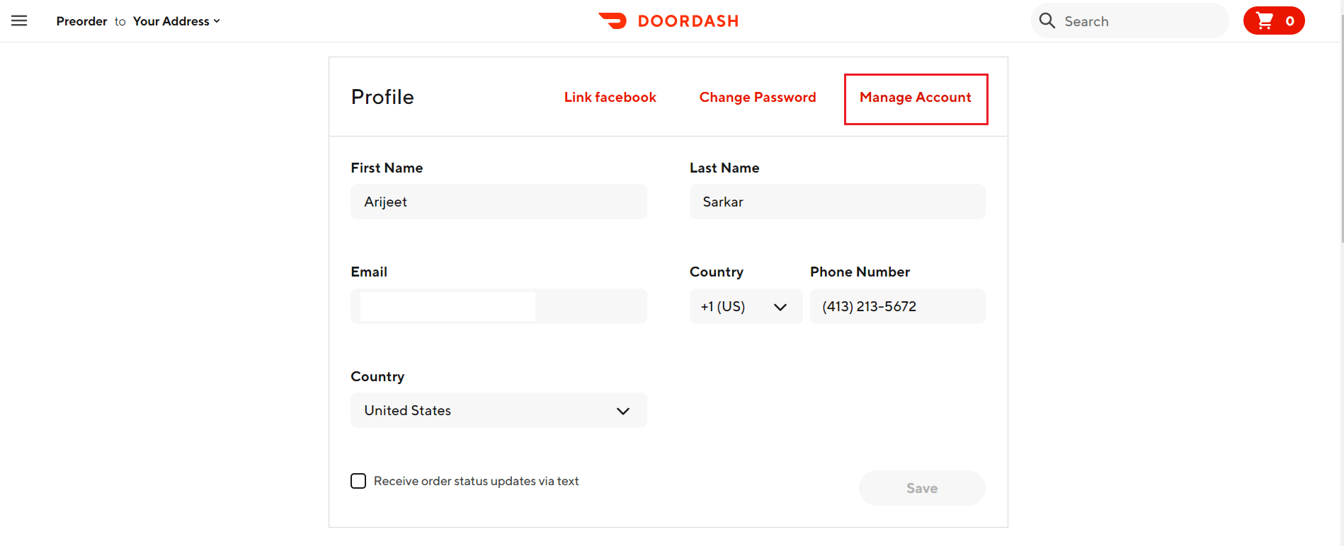 klik Kelola Akun di situs web DoorDash