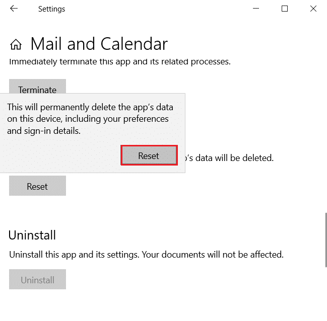 confirme para hacer clic en Restablecer en la configuración de la aplicación Correo y Calendario