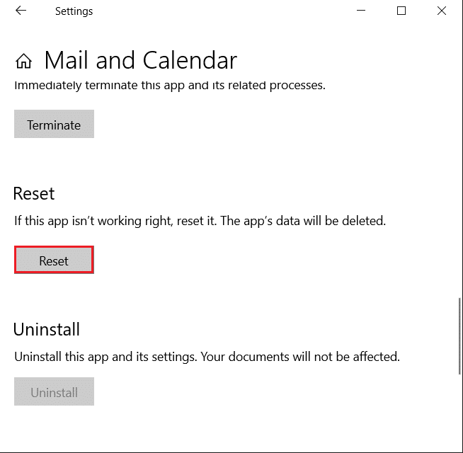 haga clic en la opción Restablecer en la configuración de la aplicación Correo y Calendario