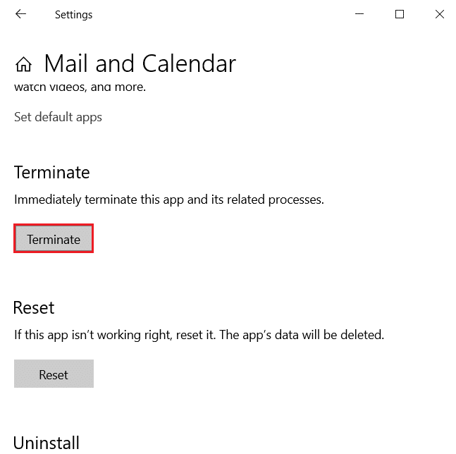 clique em Terminar nas configurações do aplicativo Mail and Calendar