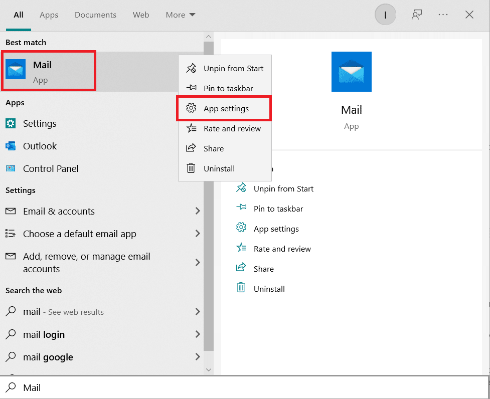 Haga clic derecho en Correo y seleccione Configuración de la aplicación