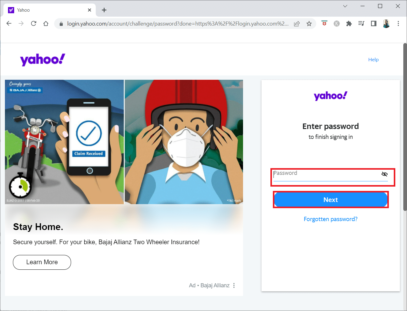 Geben Sie das Passwort ein und klicken Sie auf Weiter. So beheben Sie den Yahoo Mail-Fehler 0x8019019a