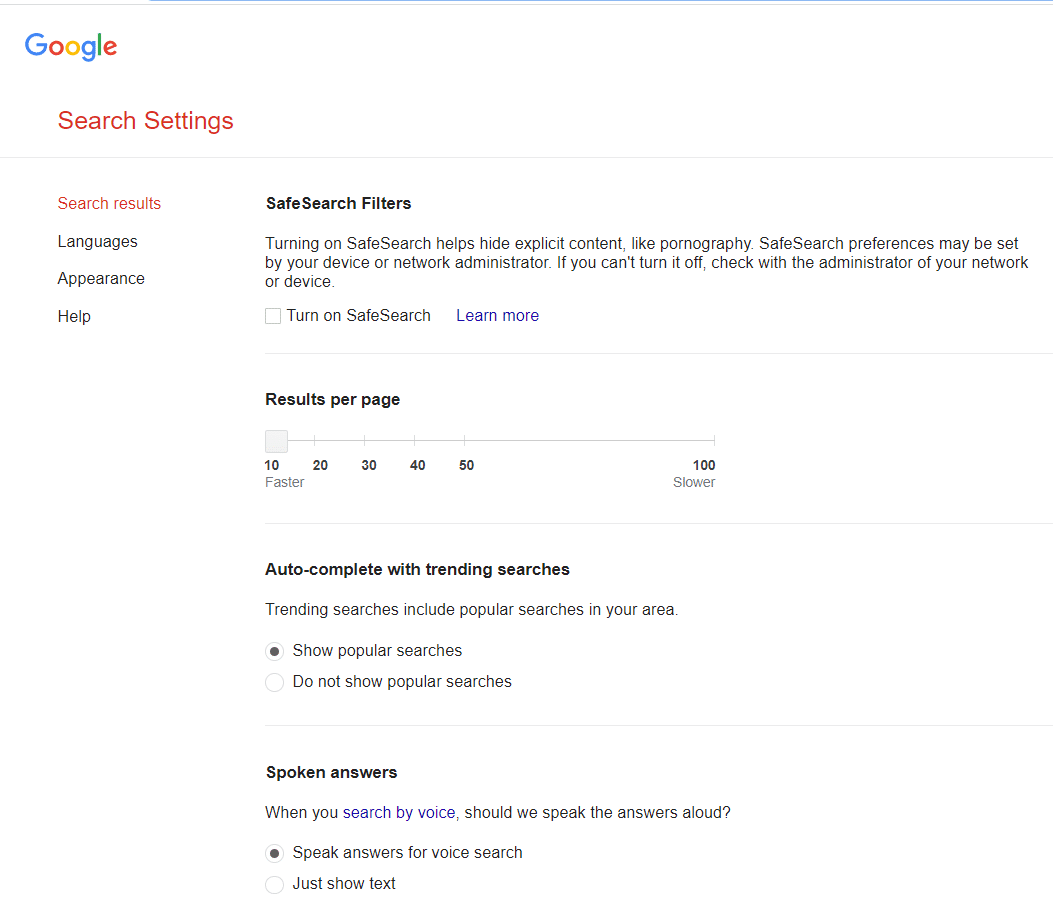 Buka setelan Google Penelusuran.