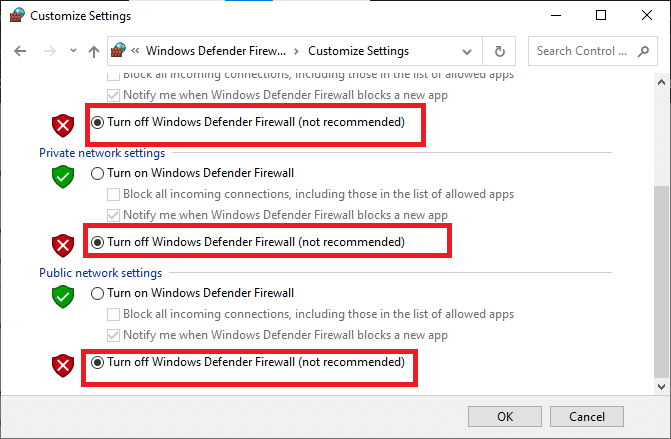 Cochez les cases Désactiver le pare-feu Windows Defender