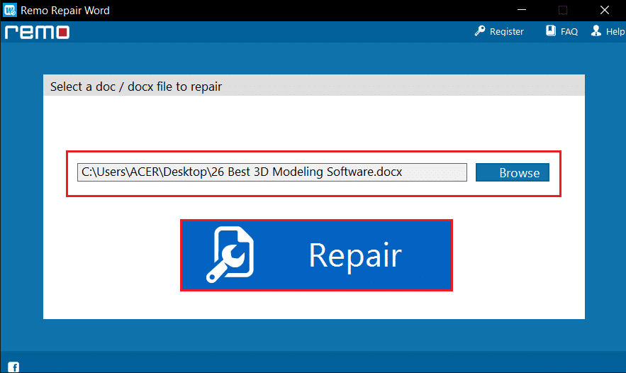 حدد ملف Word وانقر فوق "إصلاح" في Remo Repair Word Tool. إصلاح خطأ إذن ملف Word في نظام التشغيل Windows 10