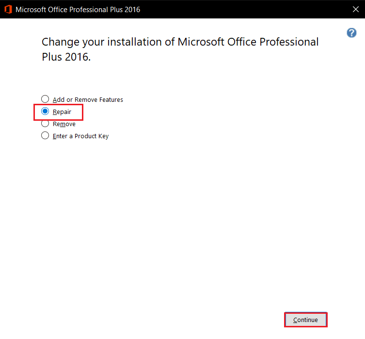 [修復]オプションを選択し、MicrosoftOfficeで[続行]をクリックします。 Windows10でのWordファイルのアクセス許可エラーを修正