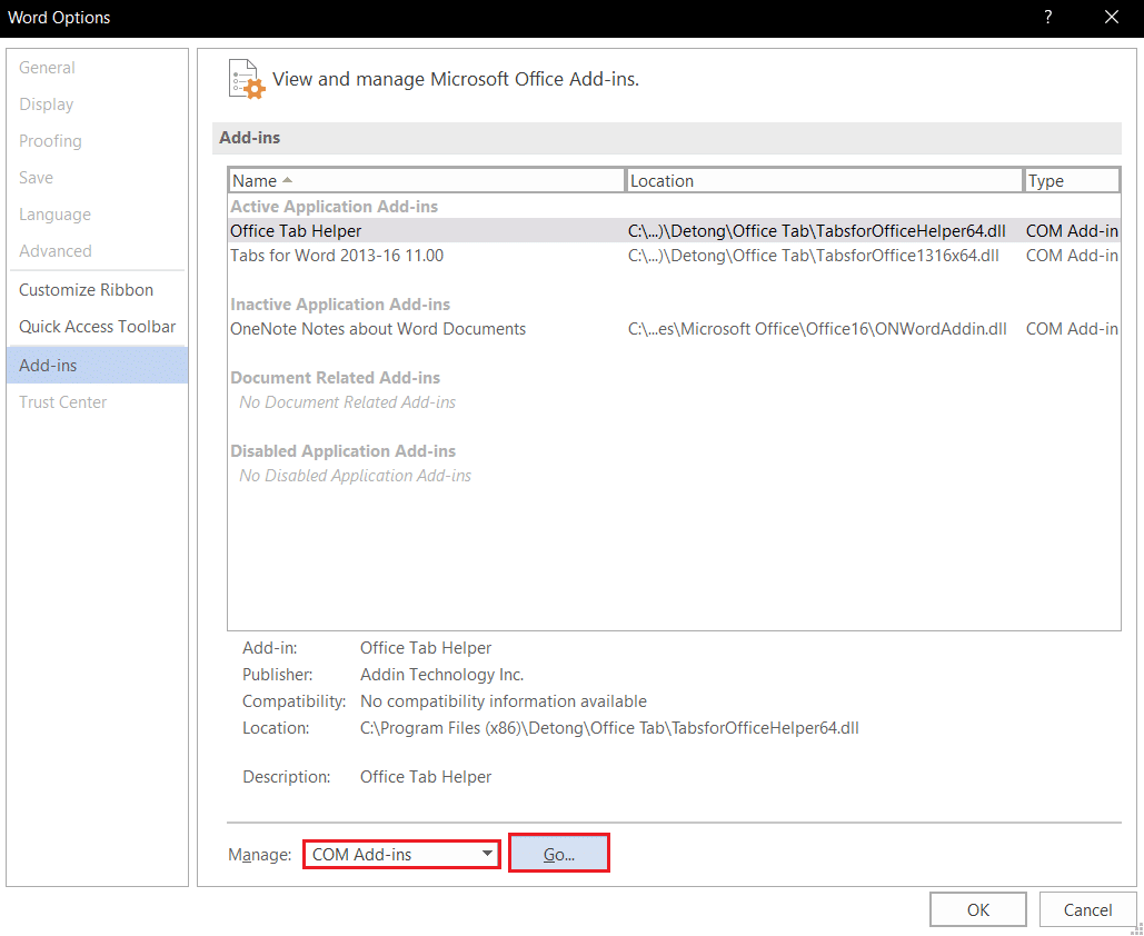 wybierz COM Add ins i kliknij Przejdź w Microsoft Word Safe Mode Addins Options. Napraw błąd uprawnień do pliku Word w systemie Windows 10