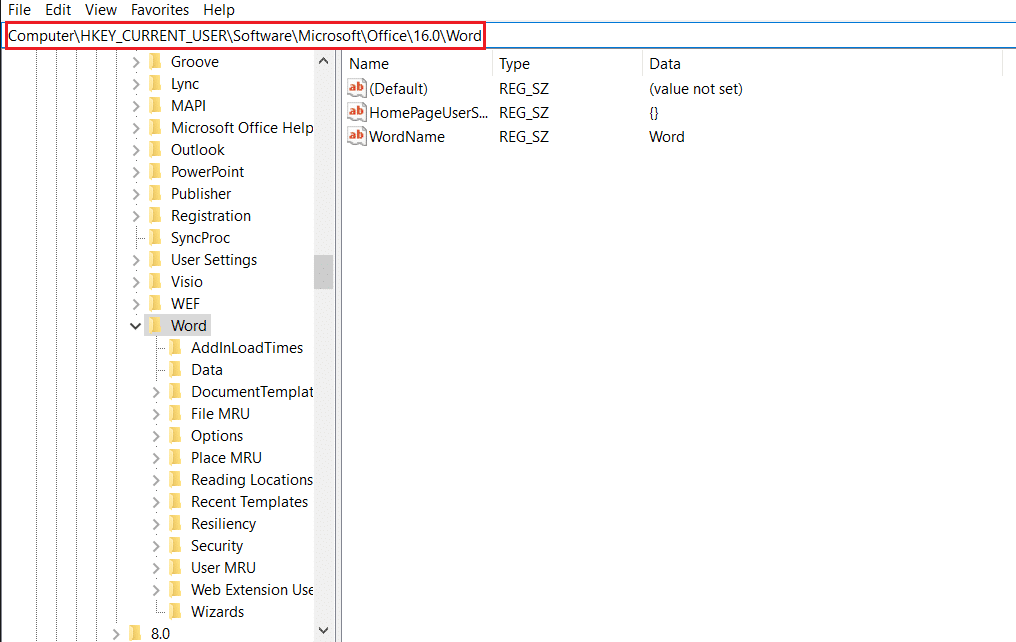 ไปที่โฟลเดอร์คีย์ HKEY CURRENT USER Word ใน Registry Editor