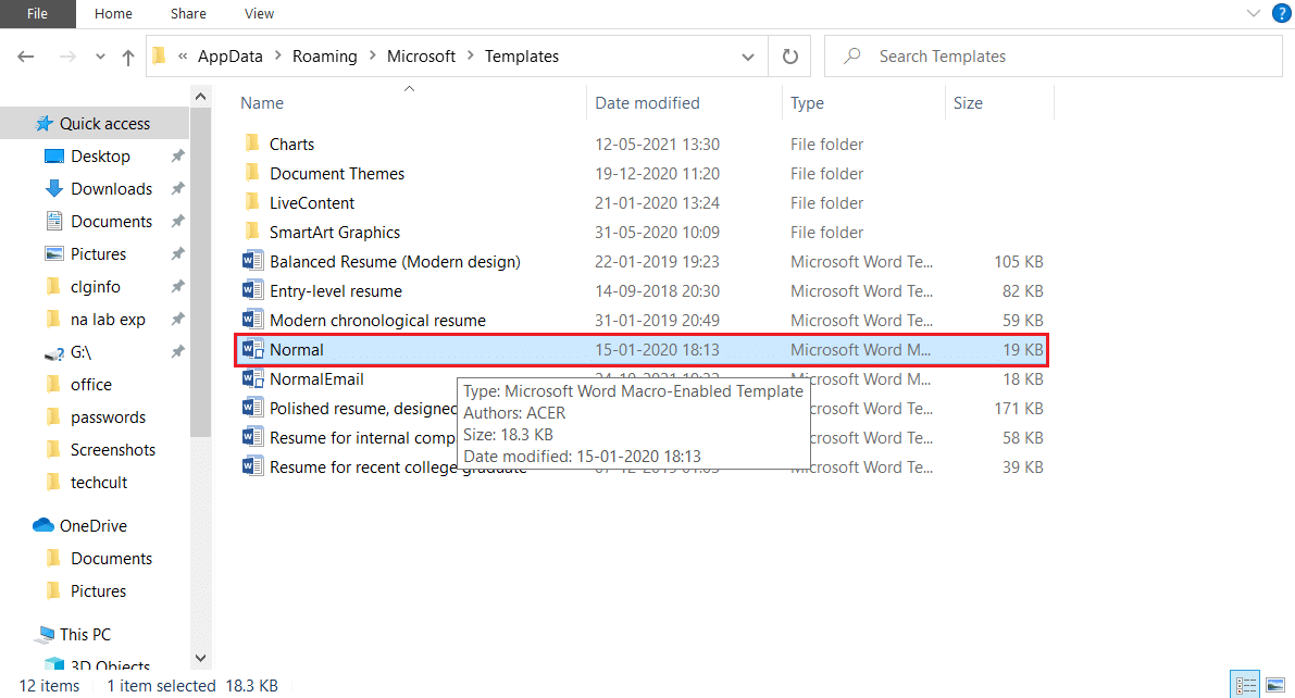 hapus folder normal di folder template Microsoft appdata. Perbaiki Kesalahan Izin File Word di Windows 10