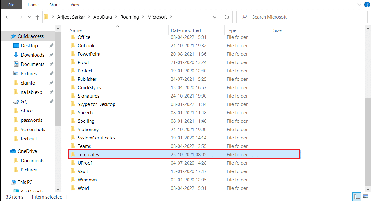 otwórz folder Szablony w folderze Microsoft appdata