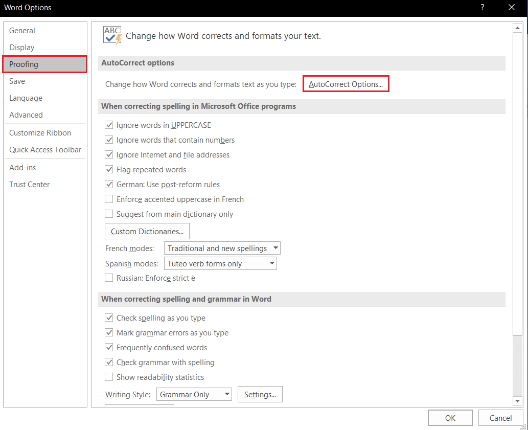 แท็บ Microsoft Word Options Proffiing คลิกที่ตัวเลือกแก้ไขอัตโนมัติ