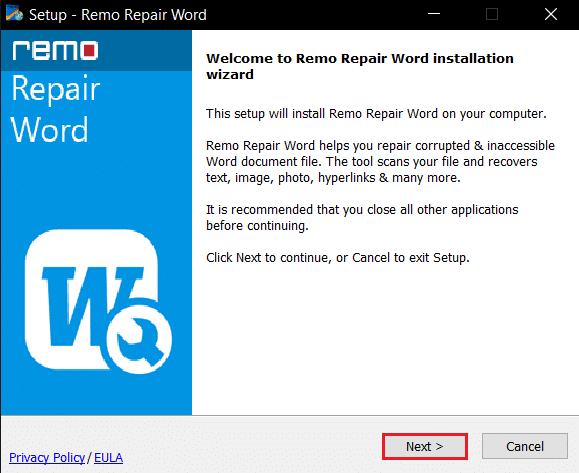 انقر فوق التالي في إعداد Remo Repair Tool. إصلاح خطأ إذن ملف Word في نظام التشغيل Windows 10