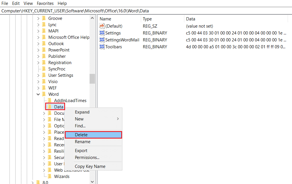 右鍵單擊數據並在註冊表編輯器中選擇刪除選項。修復 Windows 10 中的 Word 文件權限錯誤