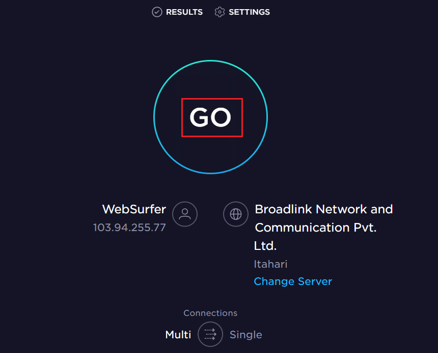 kliknij GO w witrynie speedtest