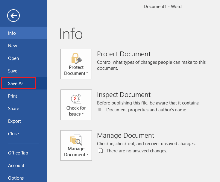 คลิกที่บันทึกเป็นตัวเลือกในเมนูไฟล์ Microsoft Word