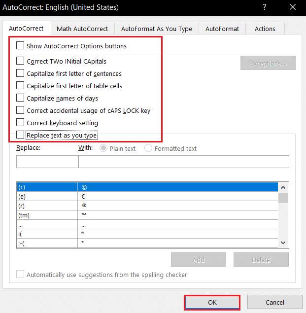 ยกเลิกการเลือกตัวเลือกทั้งหมดในแท็บแก้ไขอัตโนมัติของ Microsoft Word AutoCorrect Settings