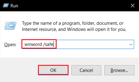 Geben Sie winword safe in das Dialogfeld „Ausführen“ ein