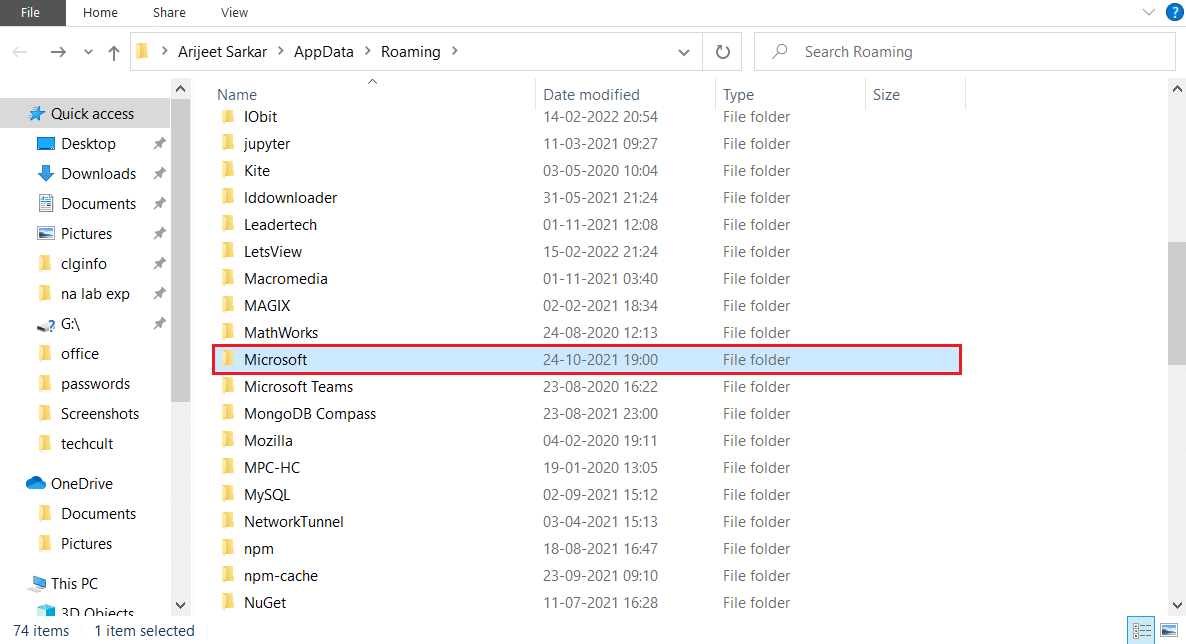 buka folder Microsoft di folder appdata. Perbaiki Kesalahan Izin File Word di Windows 10