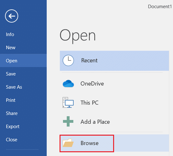 Klicken Sie im Menü Datei von Microsoft Word auf die Option Durchsuchen