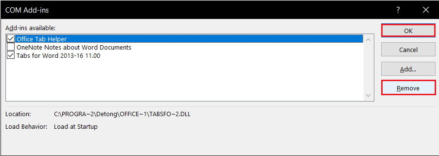 เลือก Add in และคลิกที่ Remove option ใน Microsoft Word Safe Mode Options