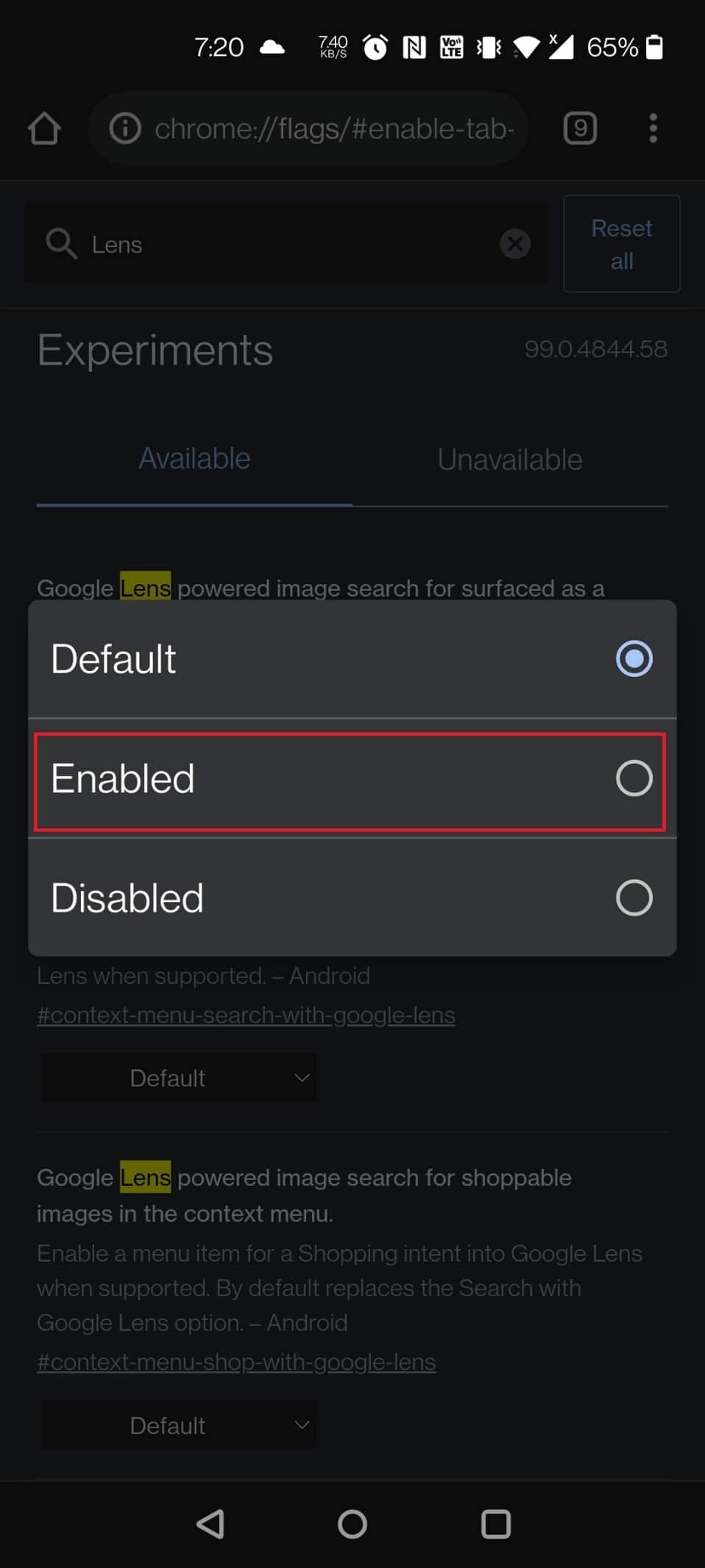 Wählen Sie im Kontextmenü unter Google Lens powered image search Enabled aus