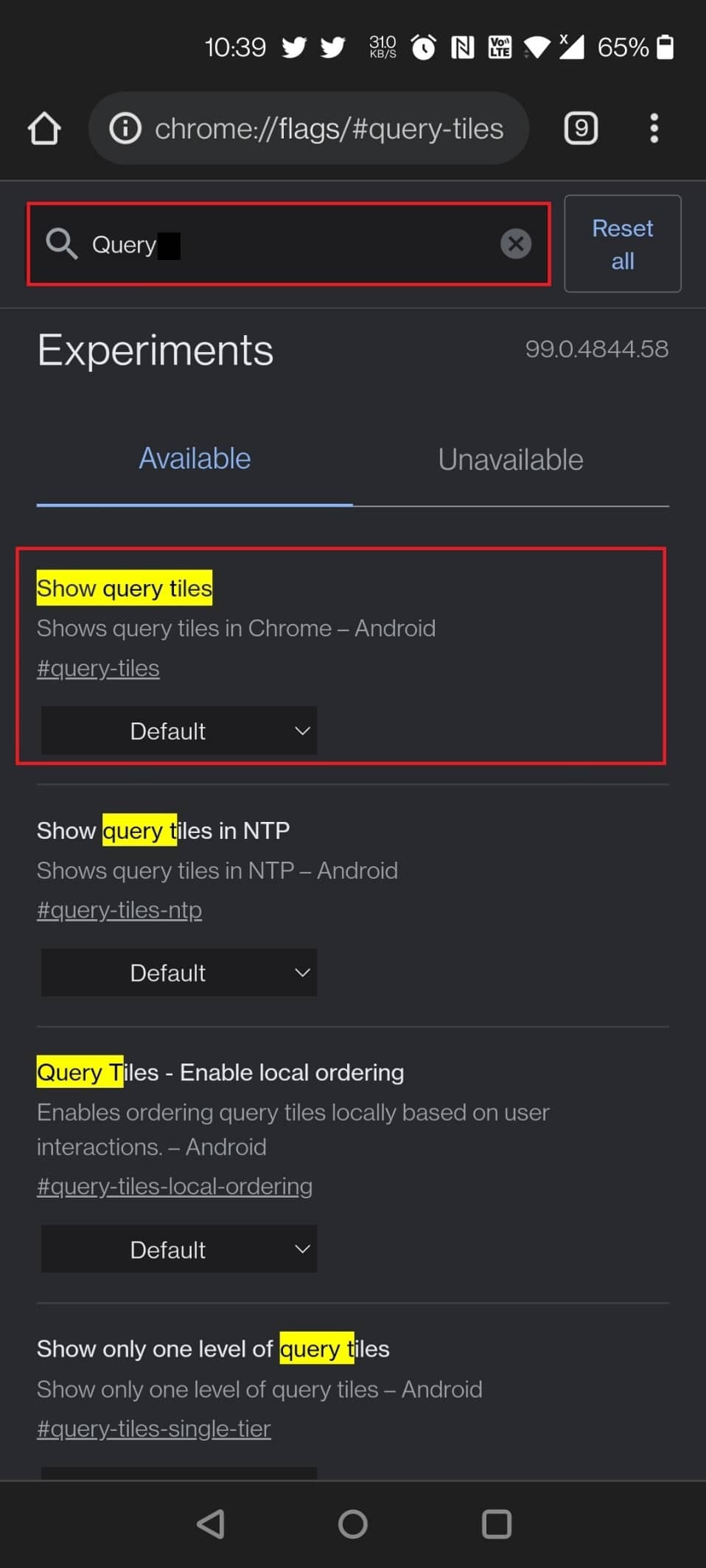 쿼리 타일을 표시합니다. Android용 최고의 Chrome 플래그 35개
