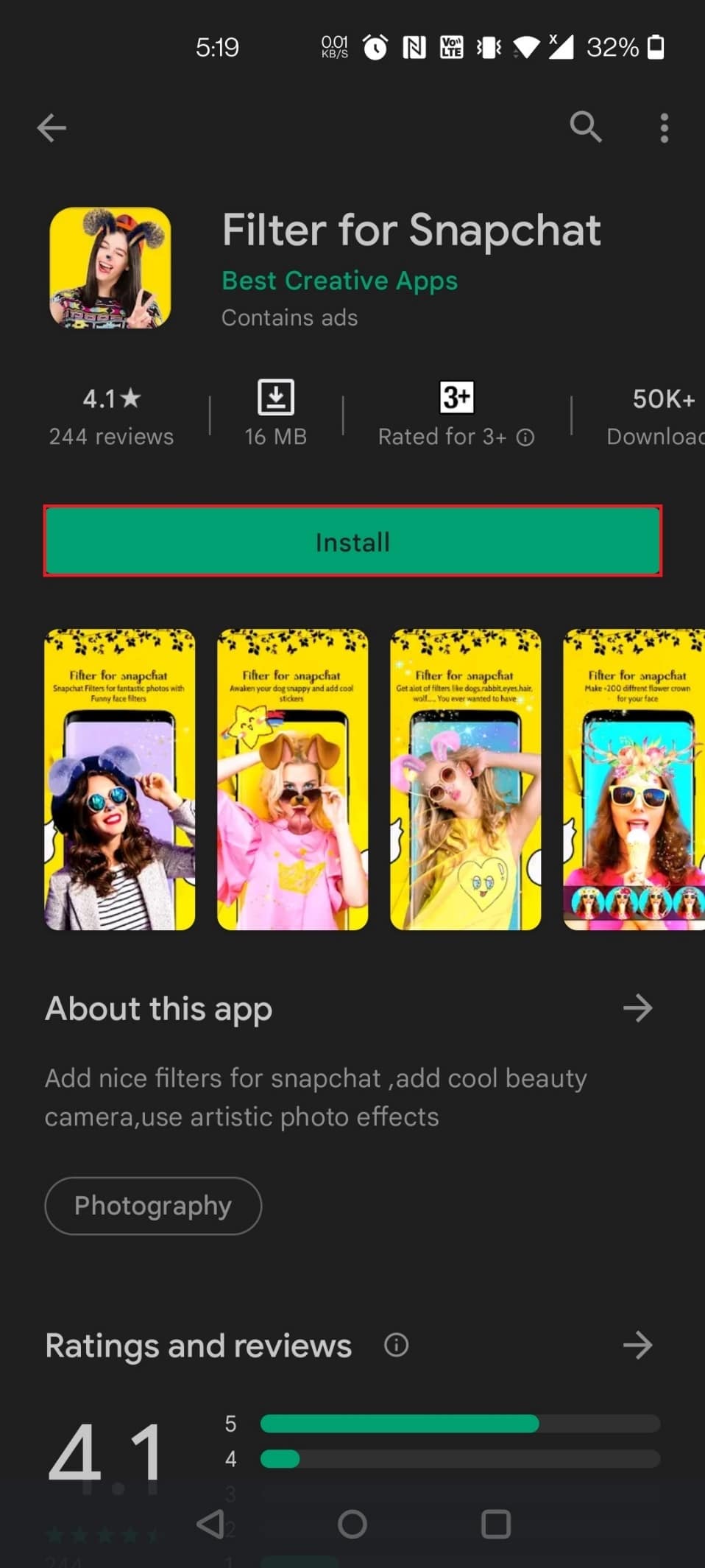 Installez l'application que vous souhaitez. Ici, le filtre pour Snapchat est choisi. Comment mettre des filtres Snapchat sur les images de la pellicule