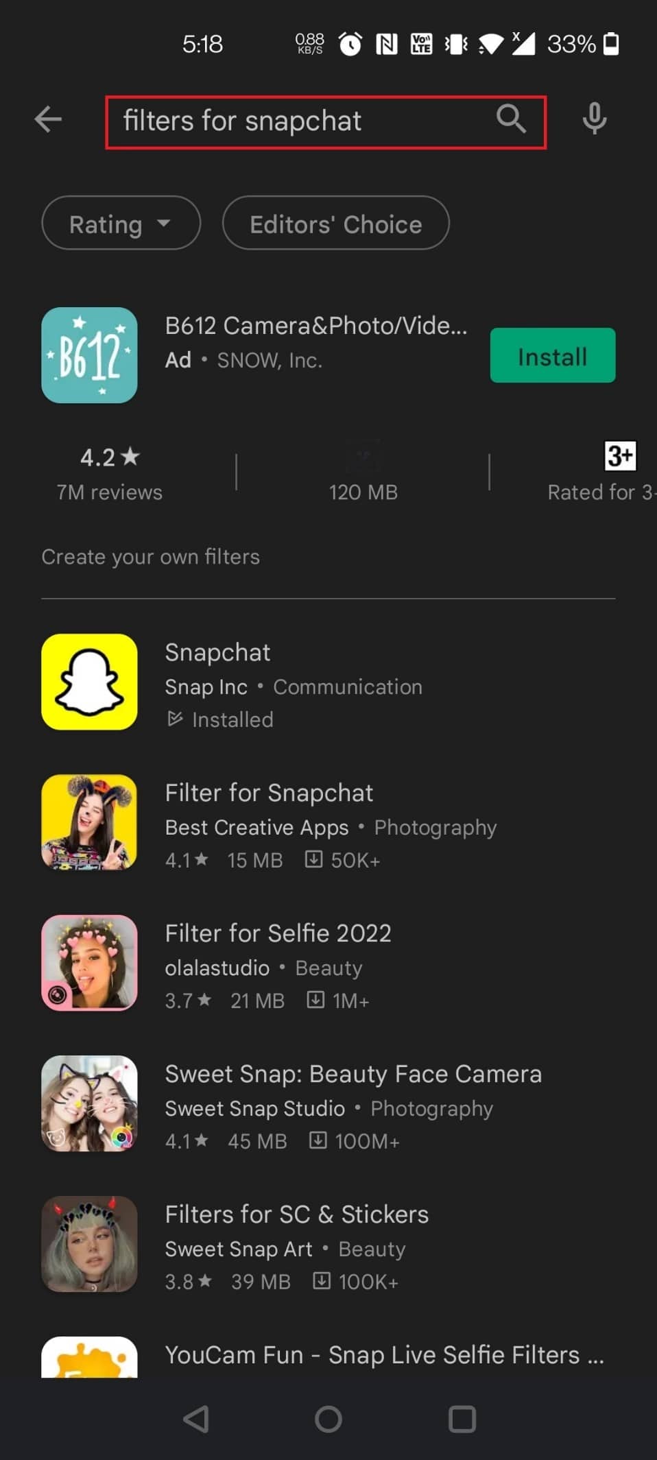 在搜索框中搜索 Snapchat 的過濾器