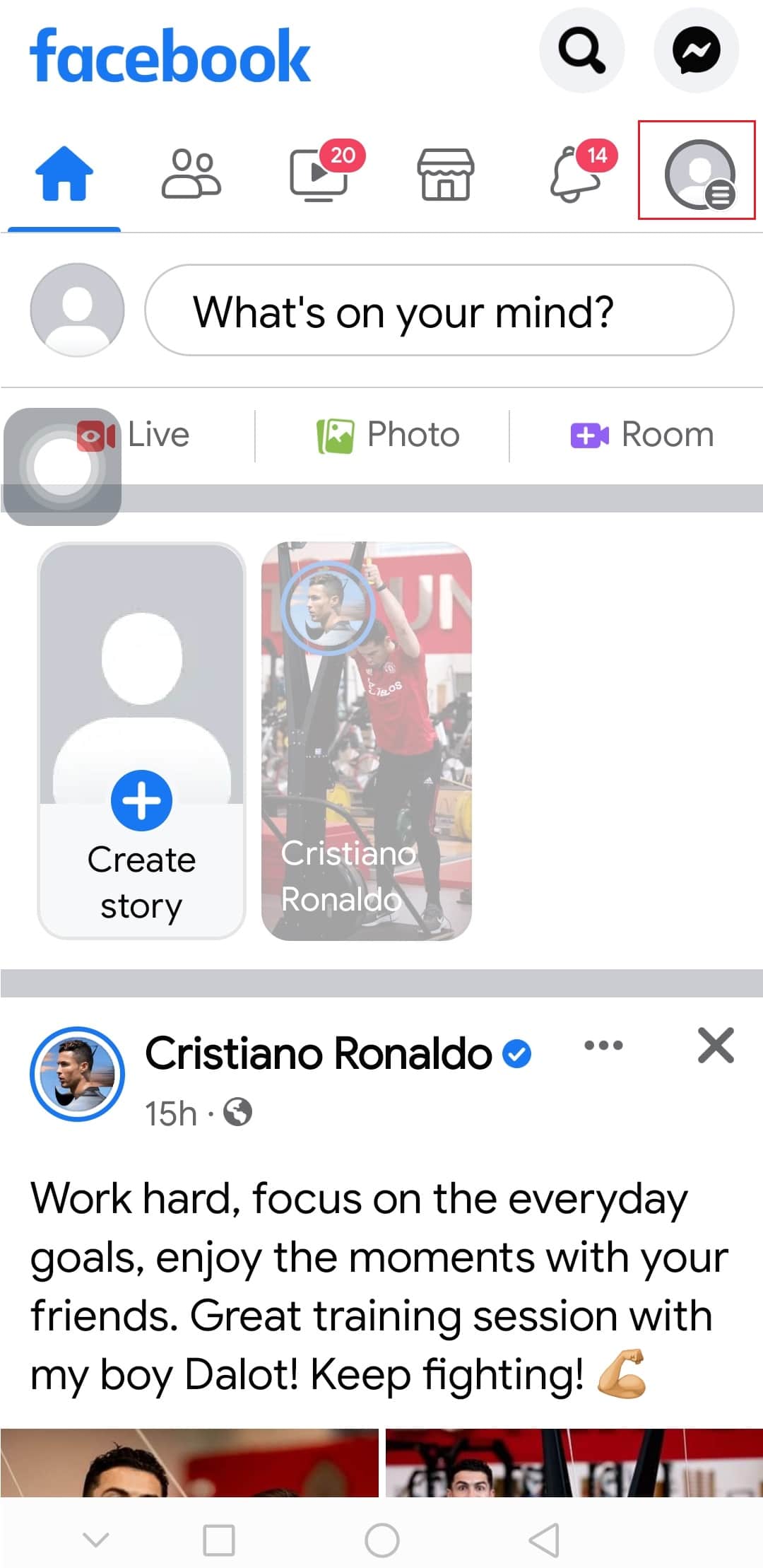 tocca l'icona del profilo nella home dell'app Android di Facebook