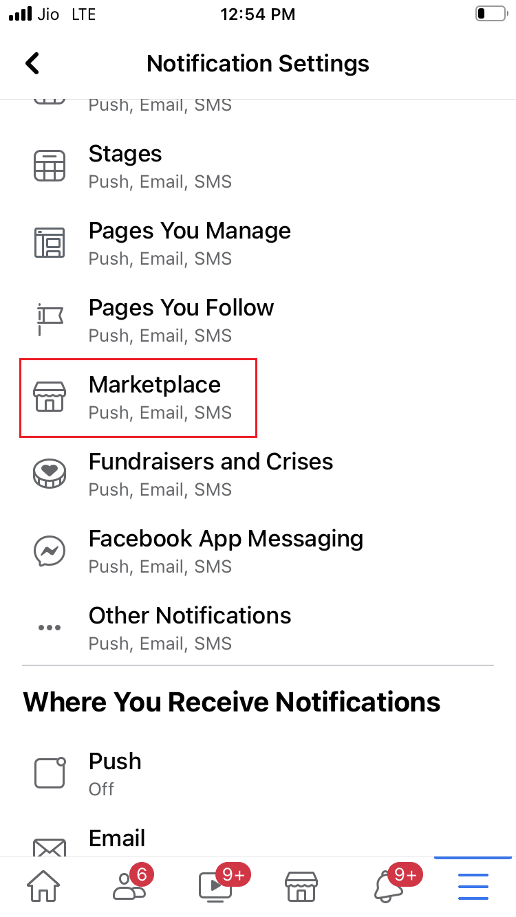 tocca l'opzione Marketplace nelle impostazioni di notifica nell'app Facebook per iOS