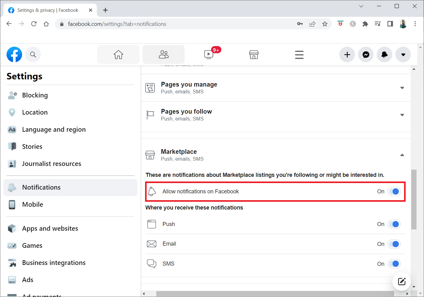 Desative a alternância para a opção Permitir notificações no Facebook. Como desativar as notificações do Facebook Marketplace