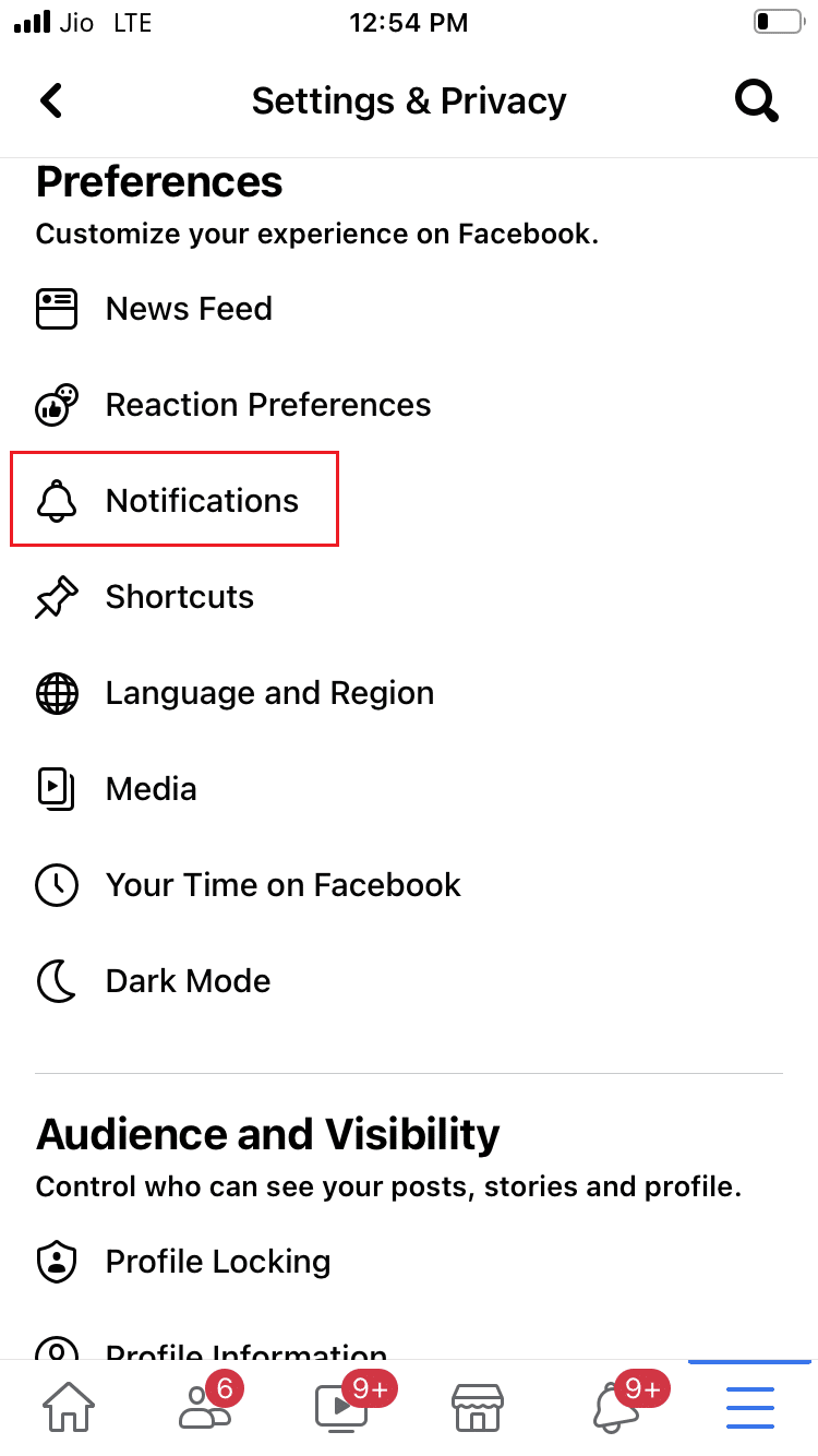 toque Notificaciones en el menú Configuración y Privacidad en la aplicación Facebook iOS