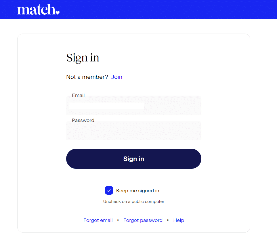 página de login do match.com