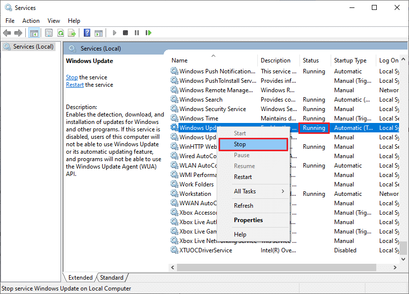 상태가 실행 중이면 중지를 클릭합니다. Windows 10에서 누적 업데이트 KB5008212를 설치할 수 없는 수정