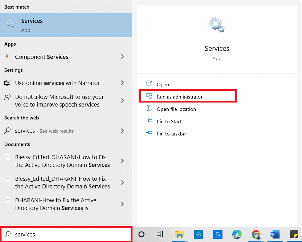 พิมพ์ Services ในเมนูค้นหา แล้วคลิก Run as administrator แก้ไขไม่สามารถติดตั้งการอัปเดตสะสม KB5008212 ใน Windows 10