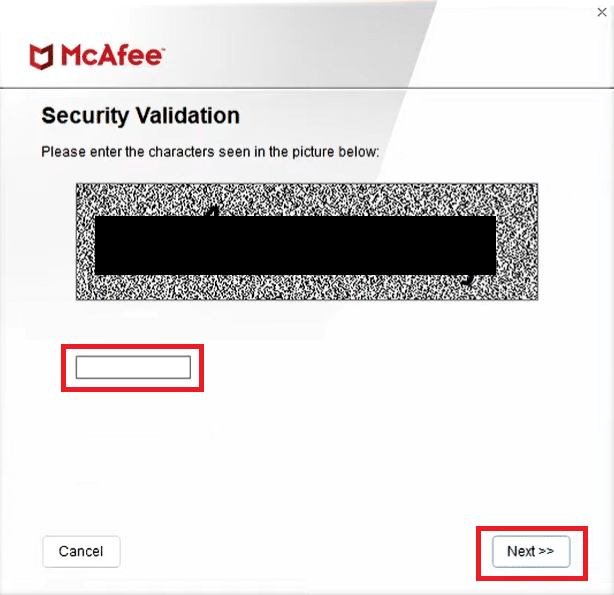 Kotak teks kode keamanan dan tombol Berikutnya. Cara Menghapus McAfee LiveSafe di Windows 10