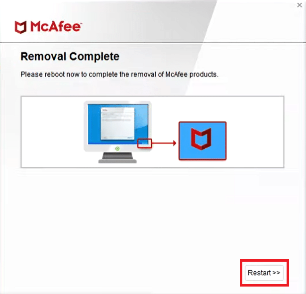 重啟按鈕。如何在 Windows 10 中卸載 McAfee LiveSafe